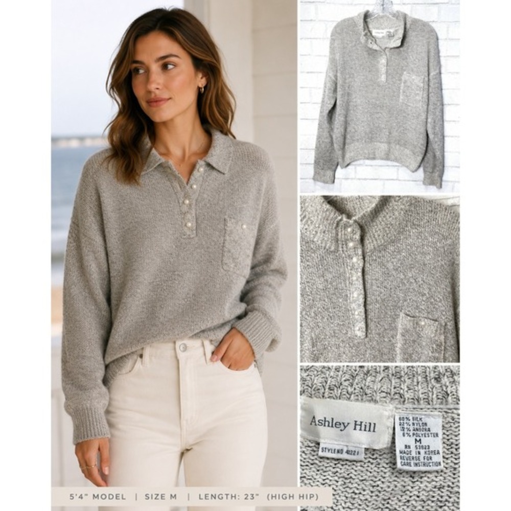 Ashley Hill Silk Angora Sweater Women M Pearl Button Quiet Luxury Coastal Preppy
